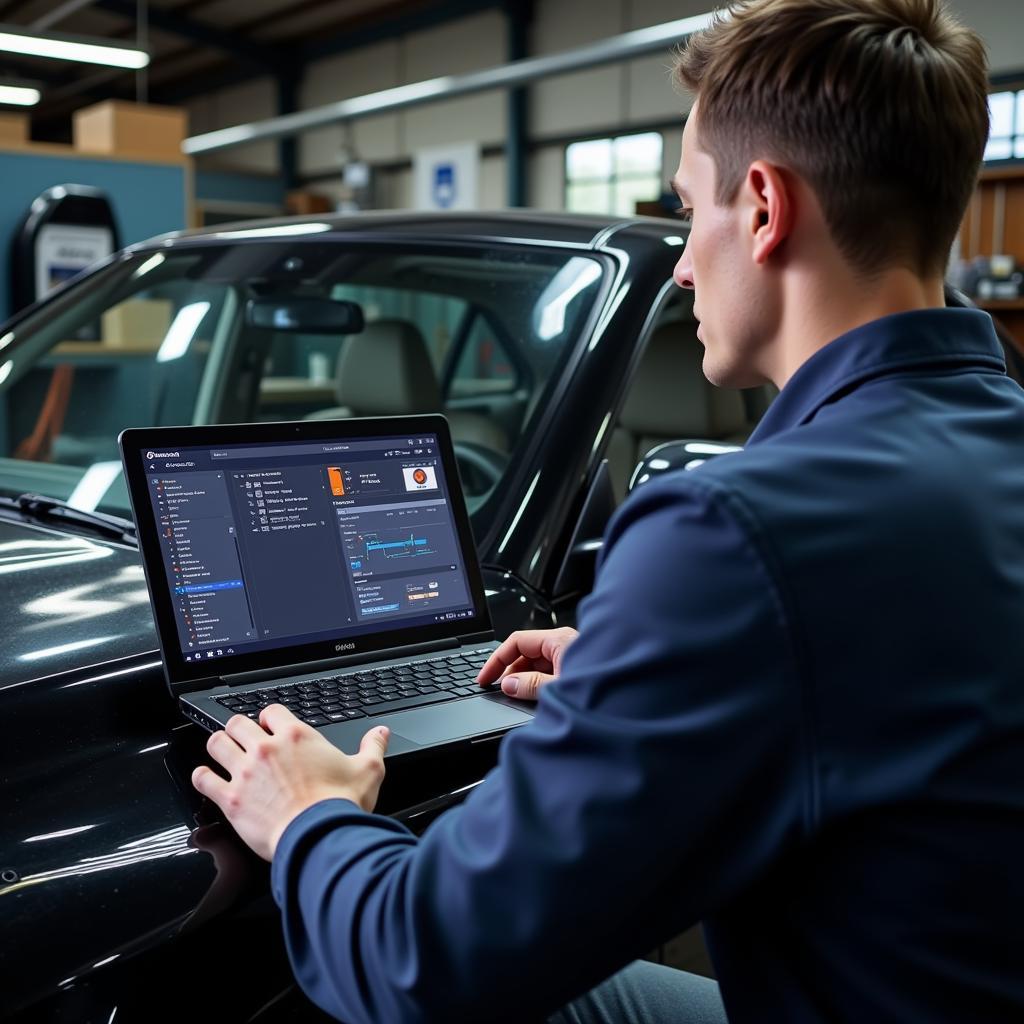 Mechanic Using Ross-Tech VCDS on Laptop