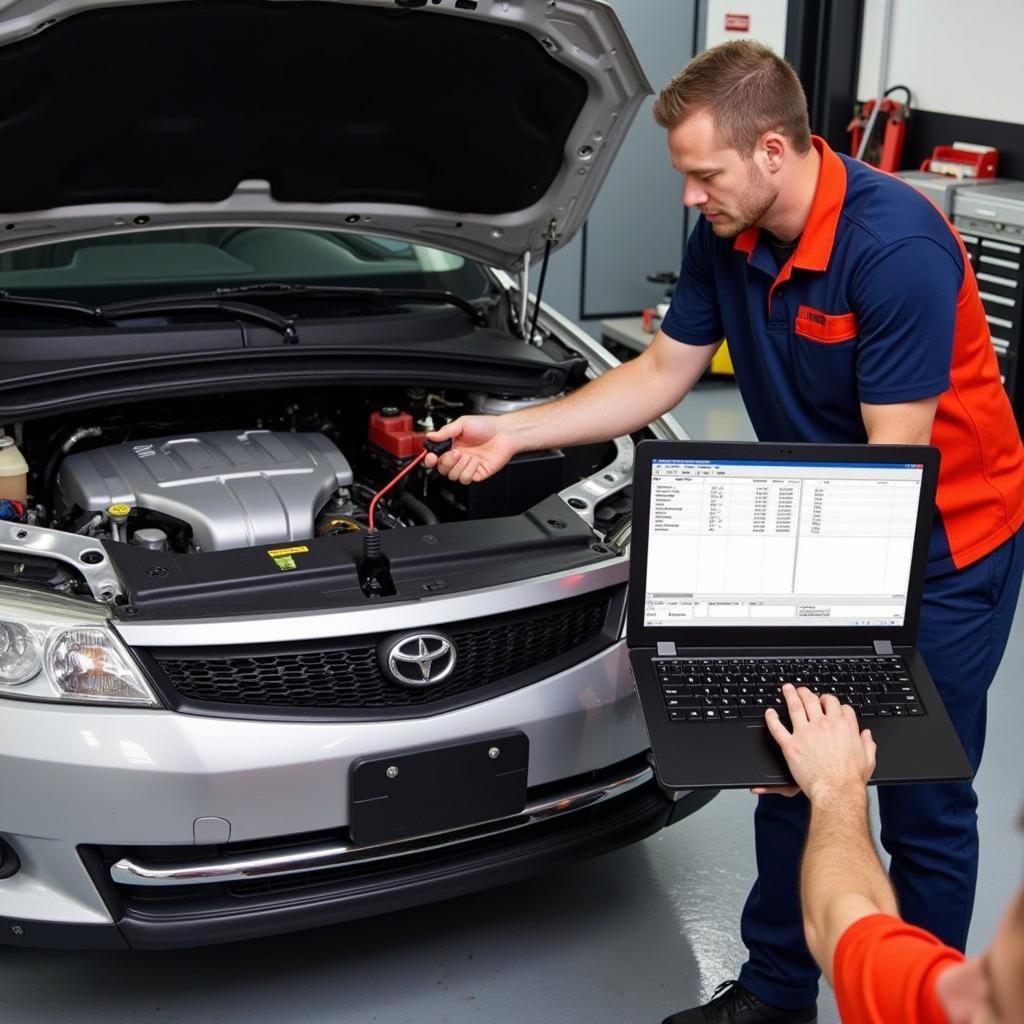 Mechanic using VCDS cable to diagnose a car's electrical system