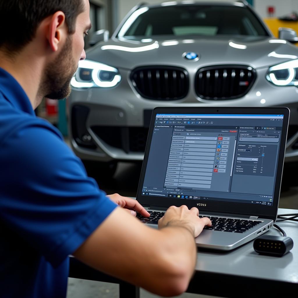 Mechanic Using VCDS on Laptop for Car Diagnostics