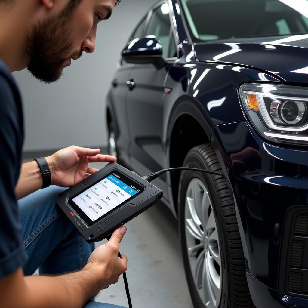 Mechanic Using VCDS Diagnostic Tool on a Car