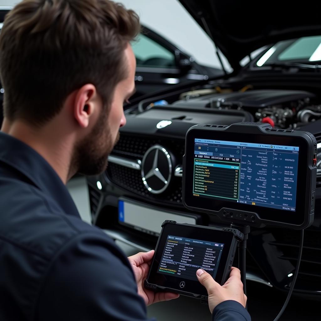 Mechanic using a Mercedes Benz diagnostic scan tool to troubleshoot a vehicle