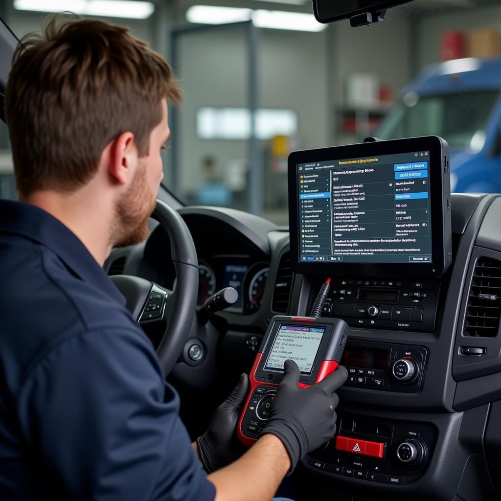 Mechanic using a Mercedes Benz Sprinter scan tool to diagnose a problem