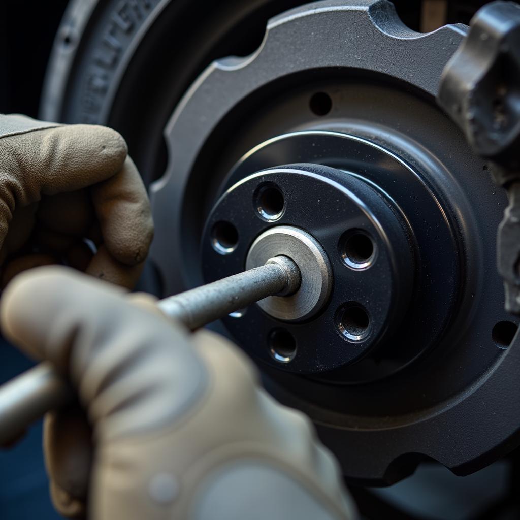 Mercedes-Benz Technician Using Long Allen Tool for Brake Caliper Maintenance