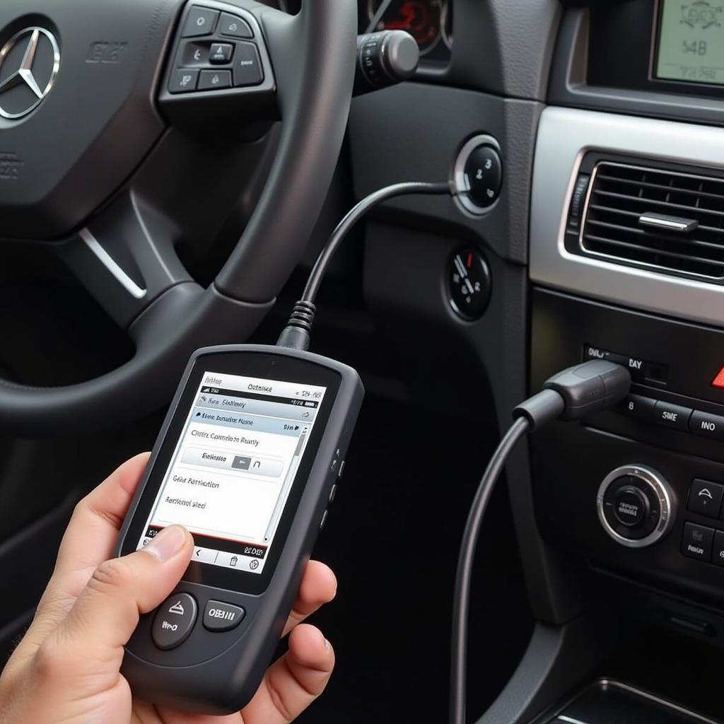 A mechanic connecting an OBD-II scanner to a Mercedes GL450.