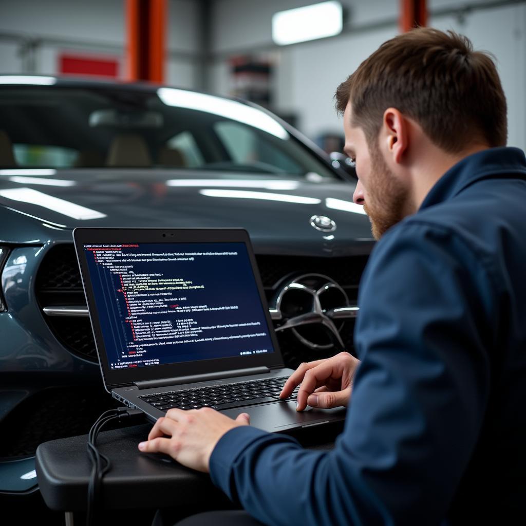 Mercedes Technician Diagnosing Collision Warning System