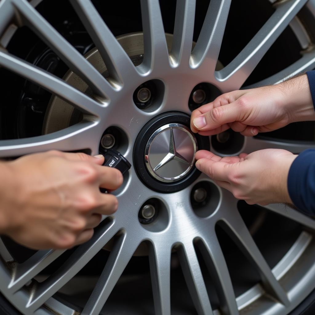 Technician replacing a TPMS sensor on a Mercedes-Benz wheel