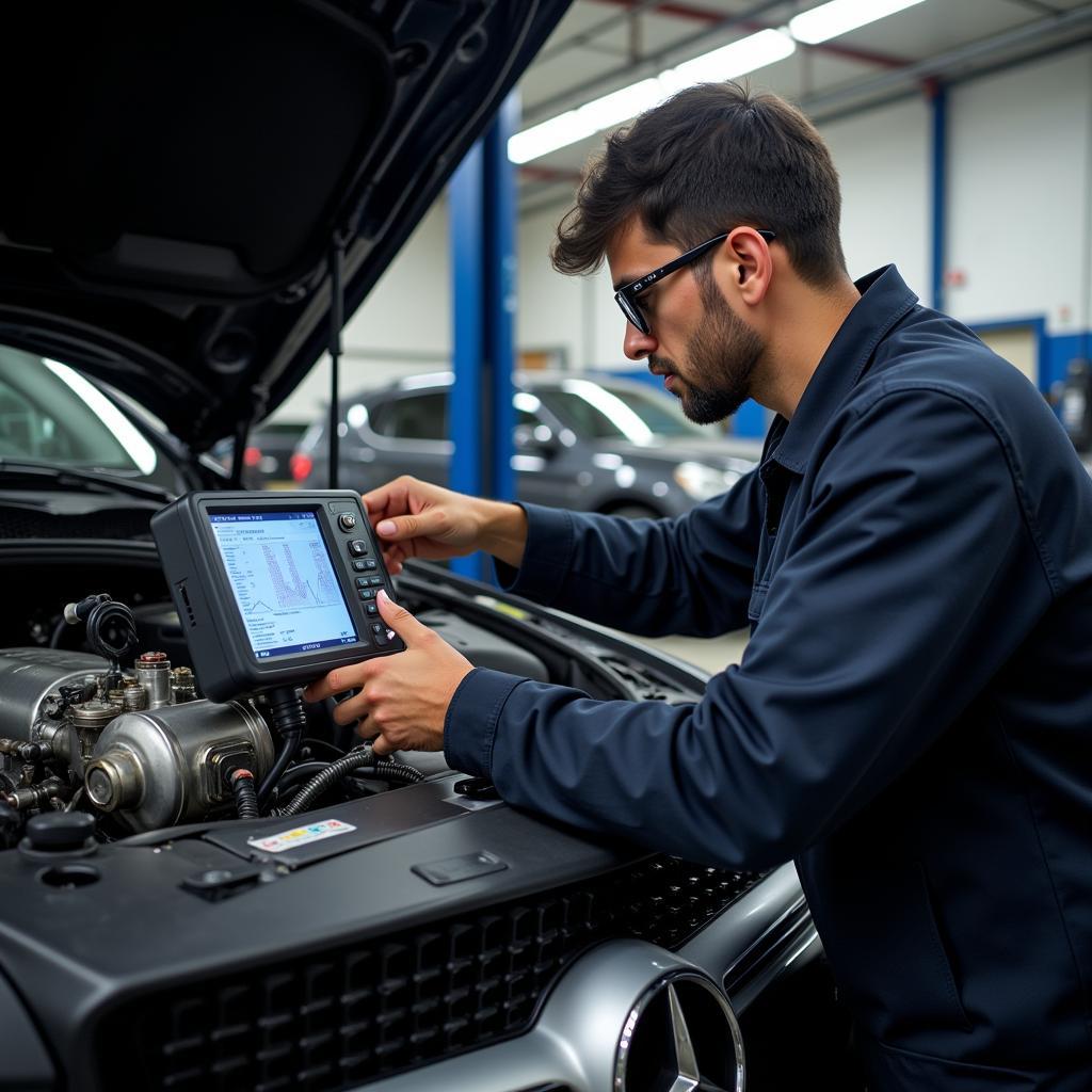 Mechanic Diagnosing Mercedes Transmission Issue in a Repair Shop