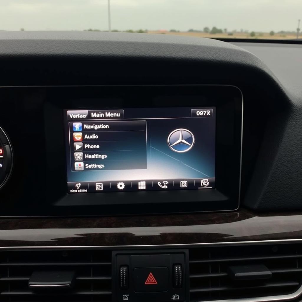 Mercedes W211 COMAND system display showing the main menu and navigation screen