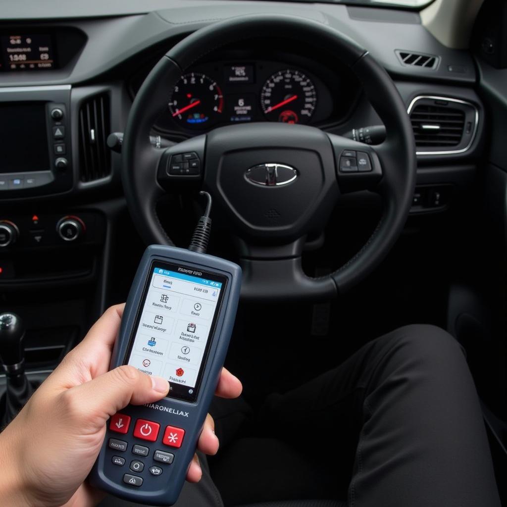 An OBD-II scanner plugged into a car's diagnostic port.