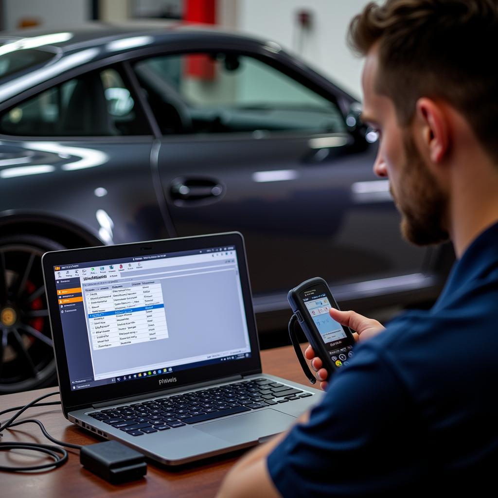 Porsche PIWIS Diagnostic Tool in Use on a 911