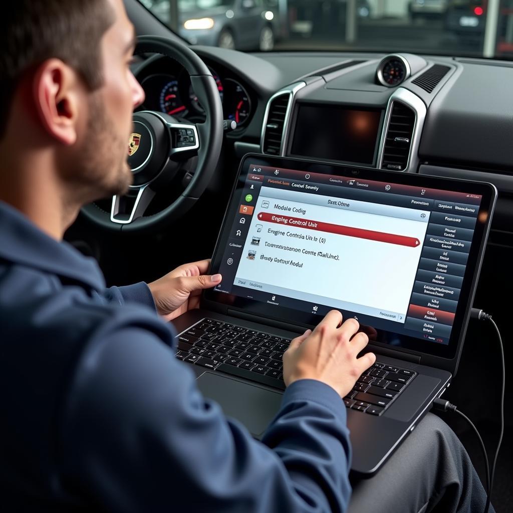 Porsche Technician Using PIWIS 3 for Module Coding