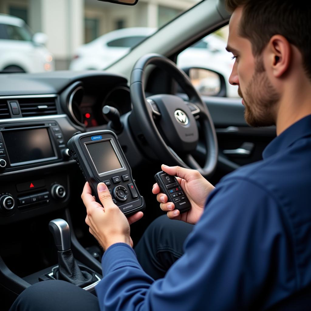 Automotive Technician Diagnosing Key Fob Issue