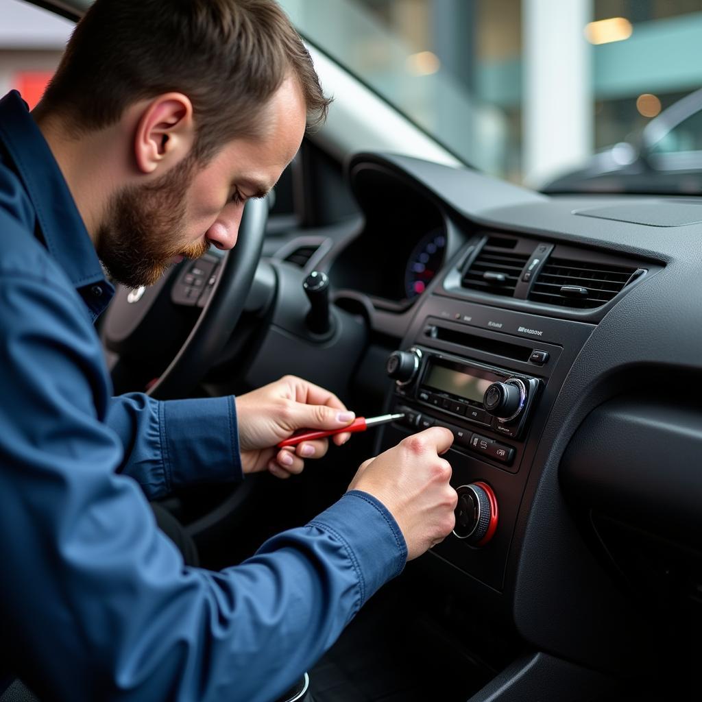 Professional Car Radio Installer at Work