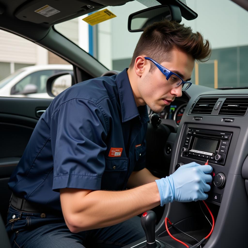 Professional Car Radio Wiring Repair: A technician meticulously working on car radio wiring, highlighting the importance of professional expertise for complex repairs.