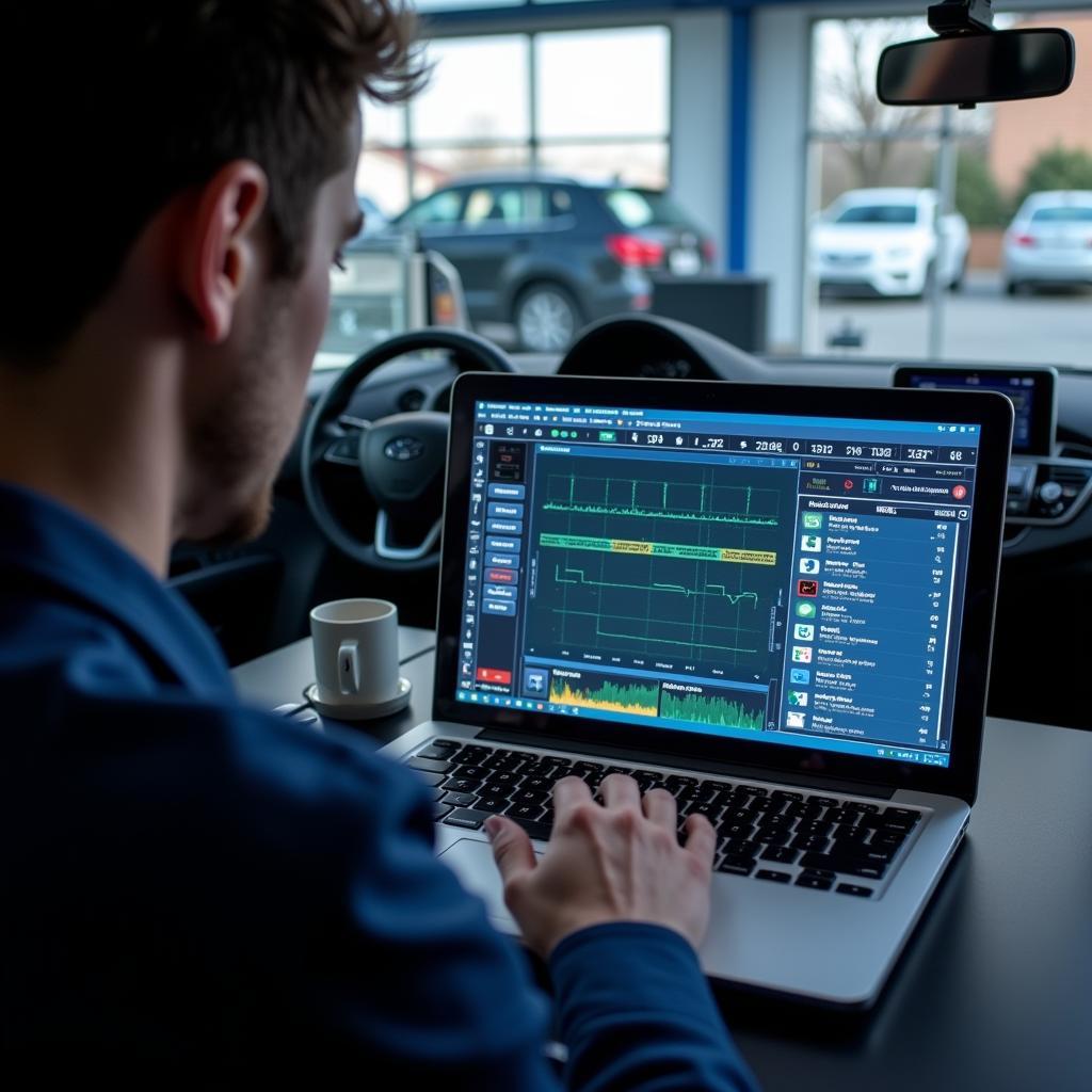 Technician Performing Remote Car Diagnostics