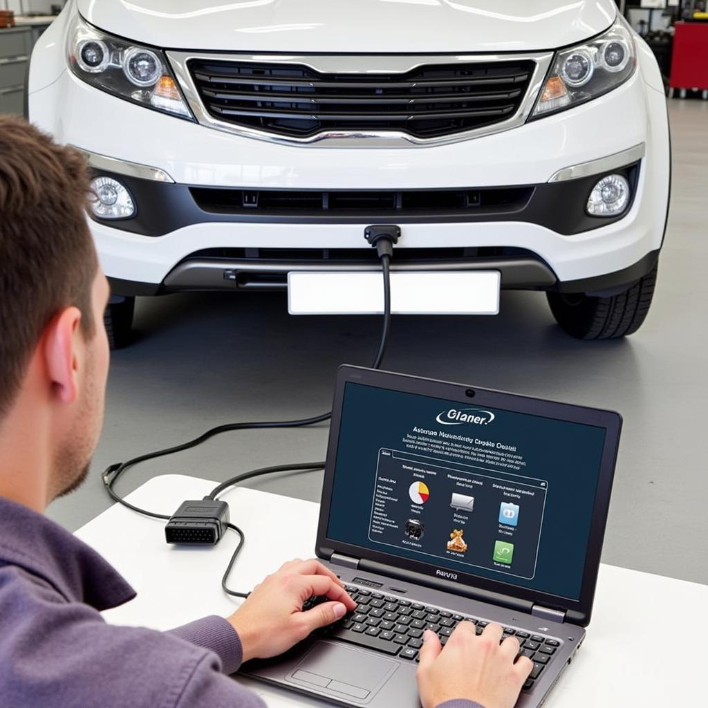 Remote Diagnostics Kia Sportage:  A technician uses a laptop to perform remote diagnostics on a Kia Sportage. This illustrates the use of technology to troubleshoot and resolve issues without physical access to the vehicle.