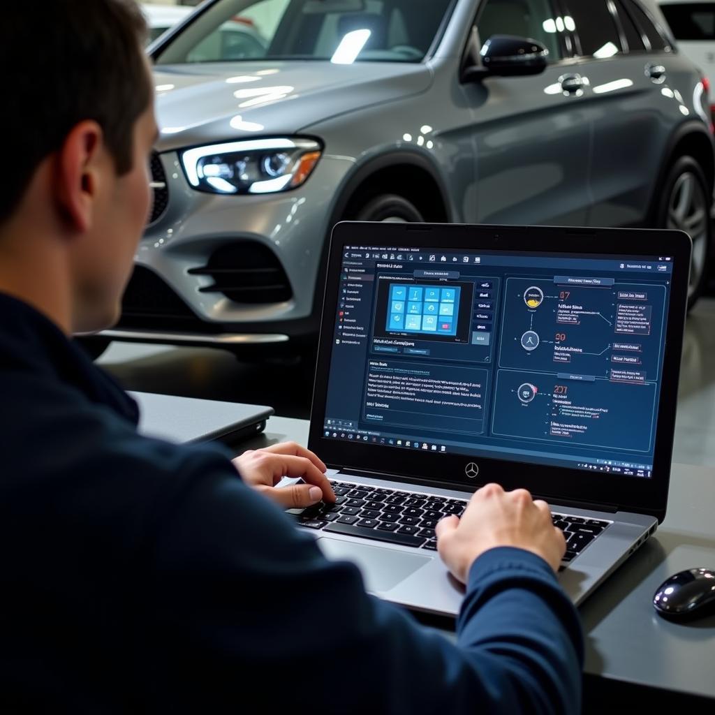 Remote Mercedes Diagnostics: Technician Diagnosing a Car Remotely via Laptop