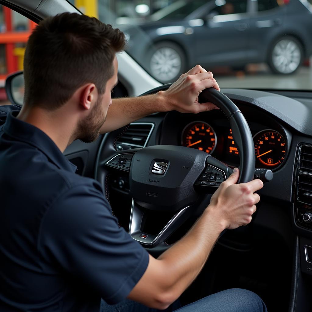 Mechanic Repairing a Seat with an Active Orange Warning Light