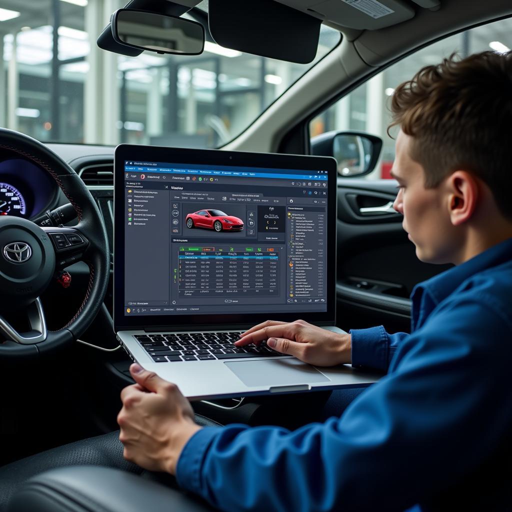 Technician Performing Remote Diagnostics on a Car