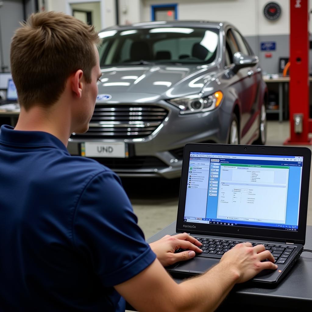 Technician Performing Remote Diagnostics on a 2013 Ford Fusion