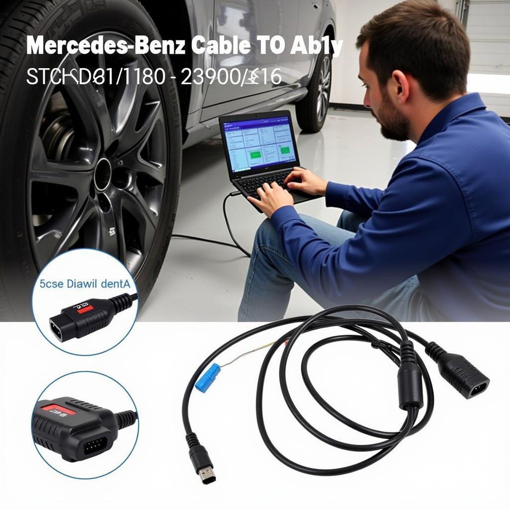 Technician using the 230 589 00 61 00 cable for diagnostics on a Mercedes-Benz.