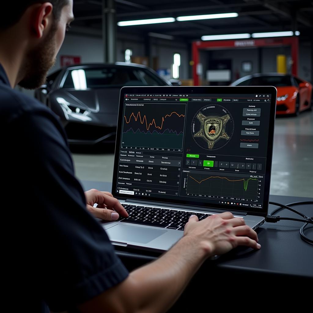 Technician Using Lamborghini Lara Software for Diagnostics