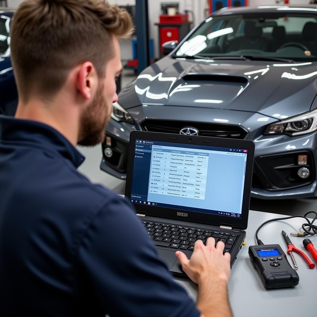 Technician using a VCDS HEX V2 clone for car diagnostics