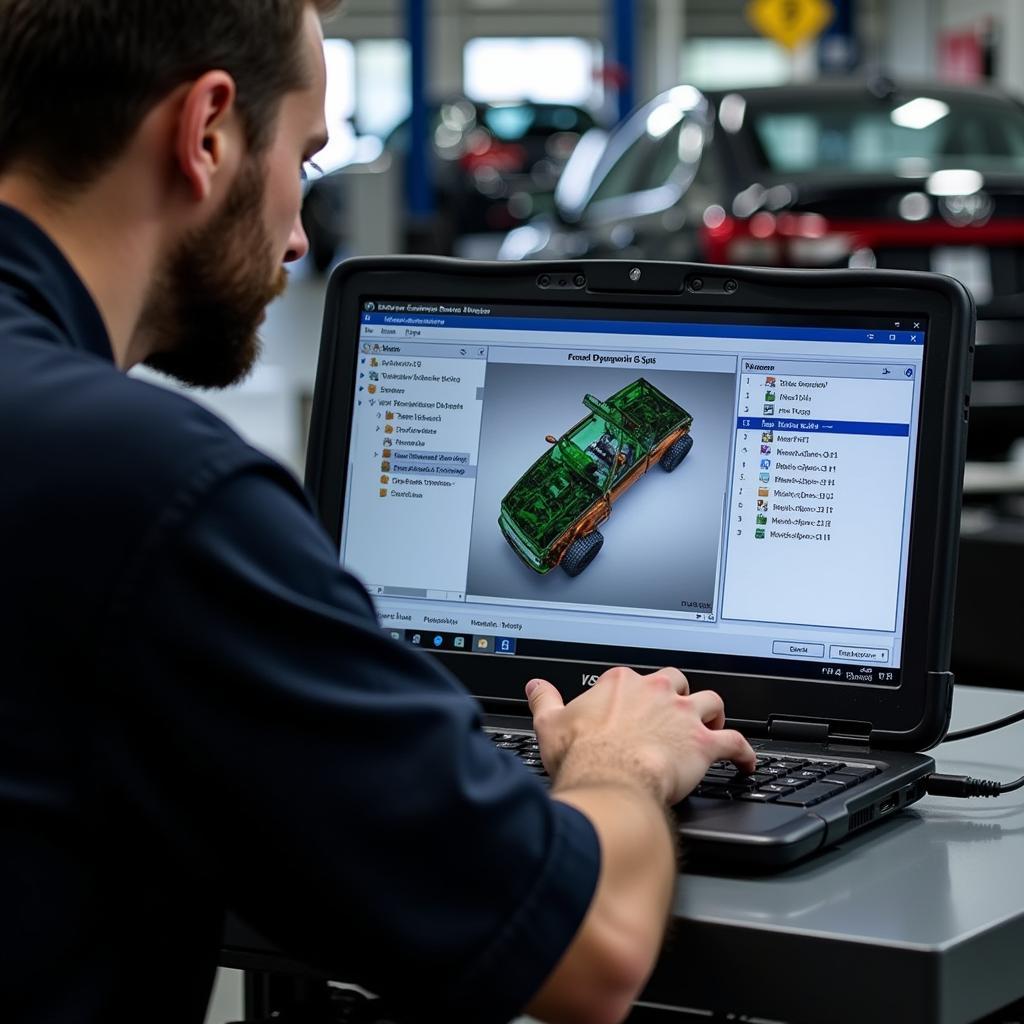 Technician using VCDS software on laptop for car diagnostics