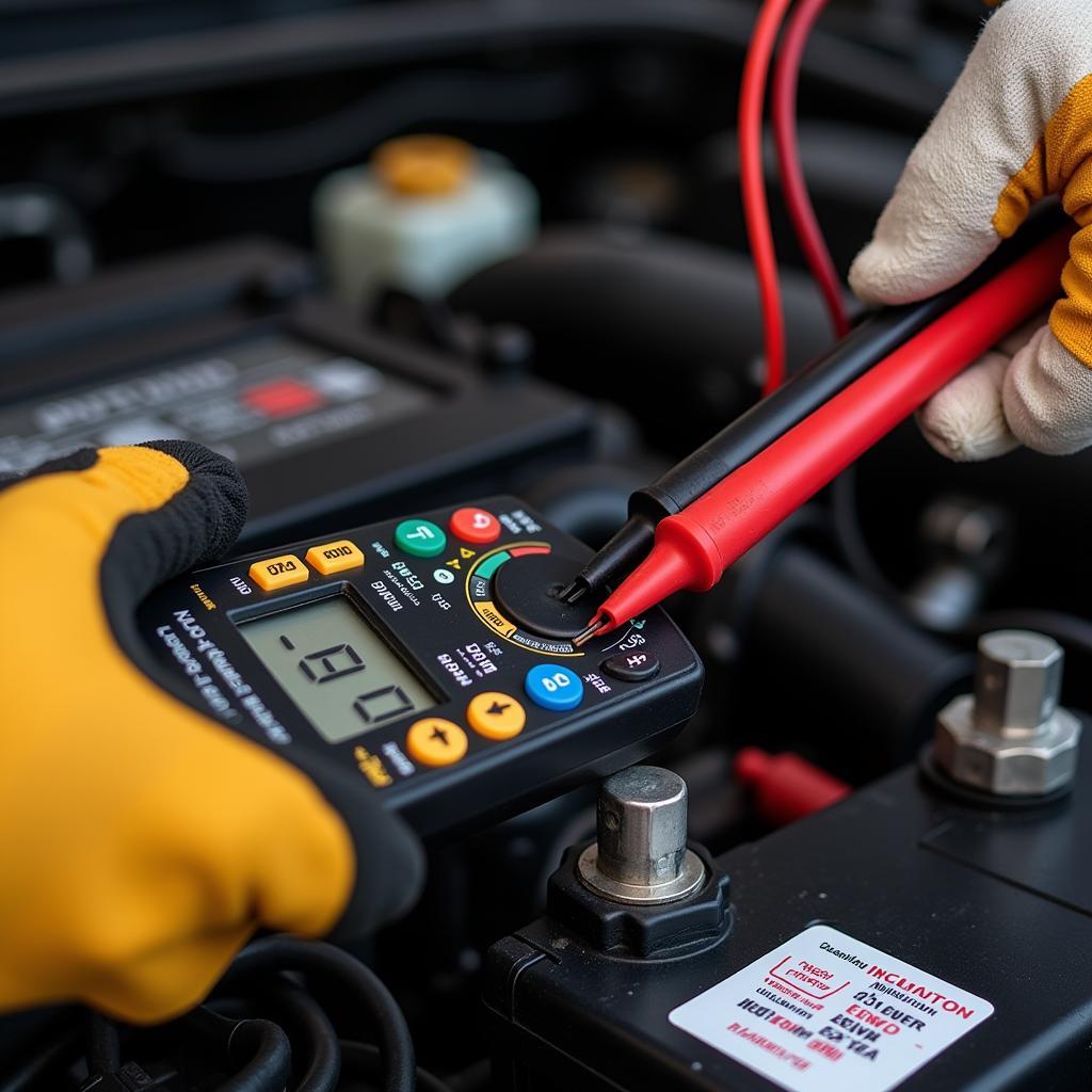 Testing Battery Voltage with Multimeter - A person using a multimeter to check the voltage of a car battery.