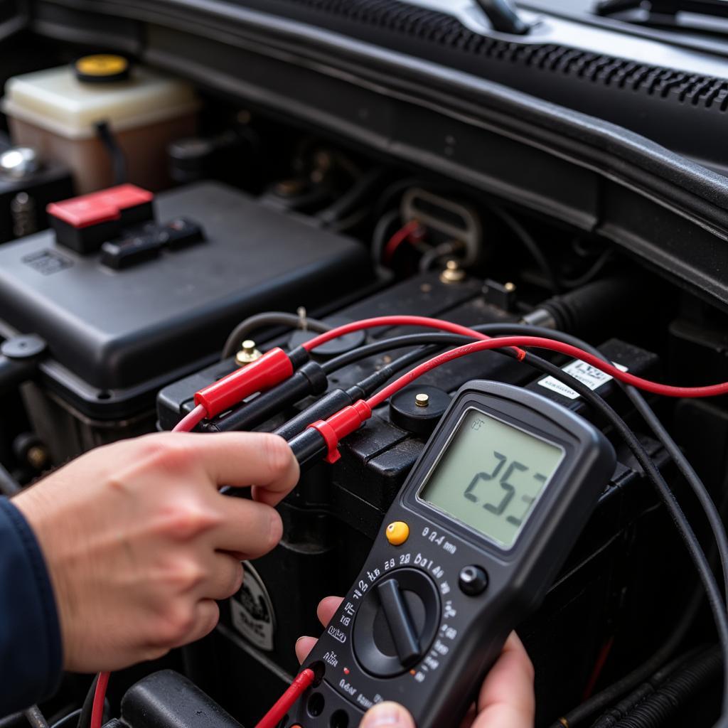 Technician Testing Land Rover Battery Voltage with Multimeter