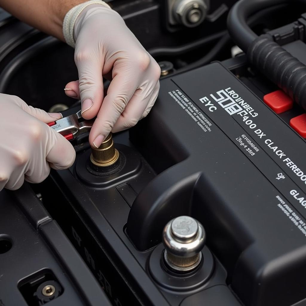 Tightening a Positive Battery Terminal with a Wrench