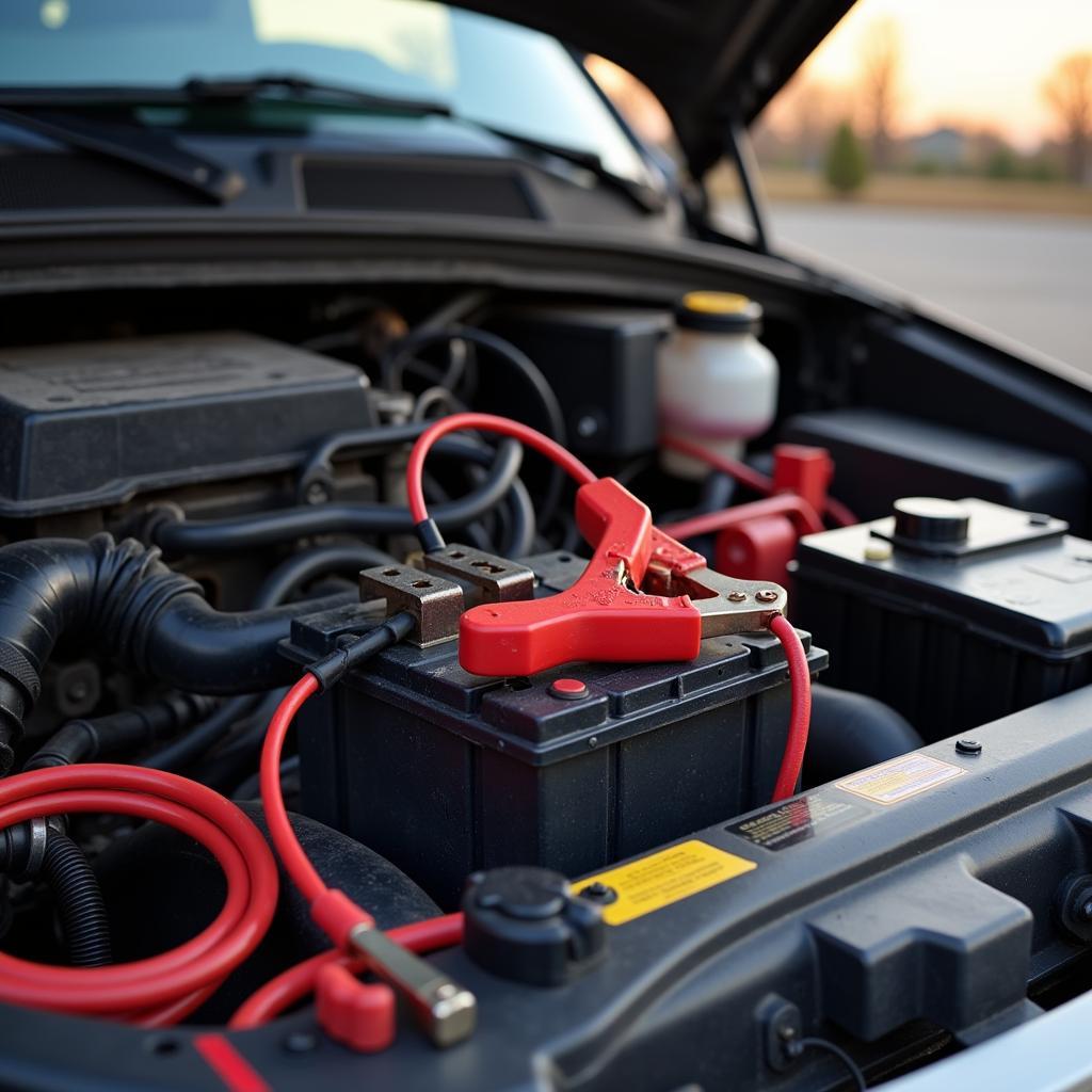 Truck battery dead overnight: A close-up of a dead battery with jumper cables attached.