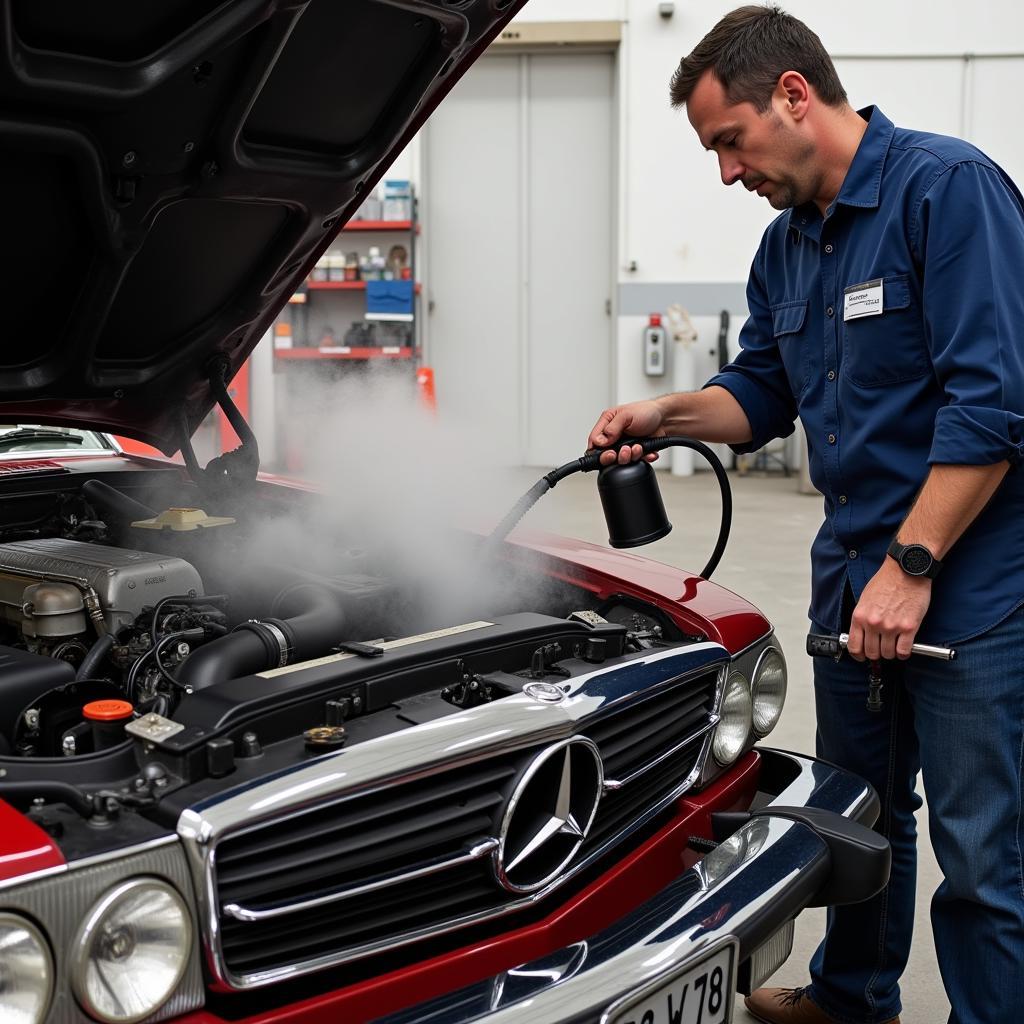 Testing for vacuum leaks on a Mercedes 380SL