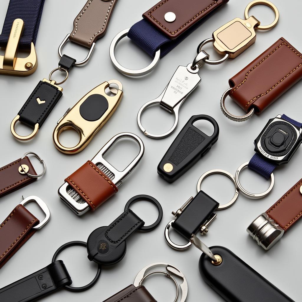 Various fob key chains displayed on a table