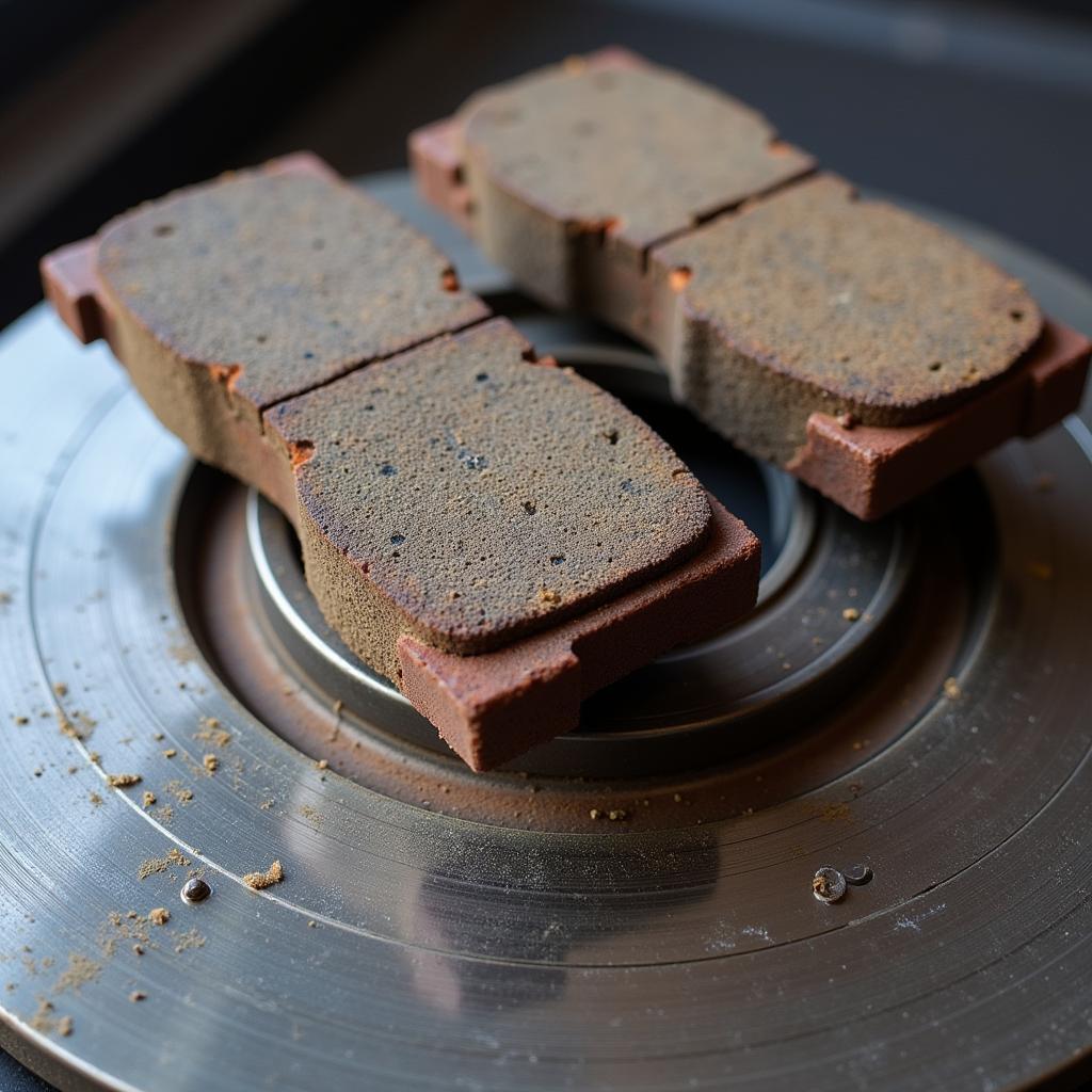 Worn brake pads with visible wear indicator