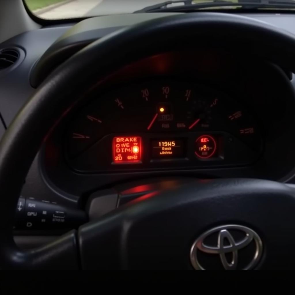 2001 RAV4 dashboard showing the illuminated brake warning light