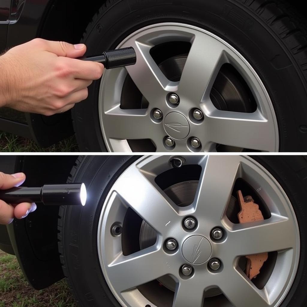 Inspecting the brake pads on a 2006 Pontiac Torrent