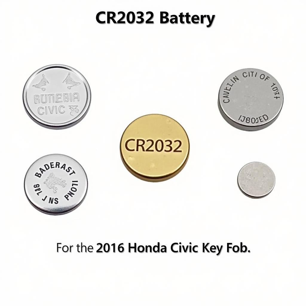 Different types of batteries, highlighting the correct CR2032 battery for the 2016 Honda Civic key fob