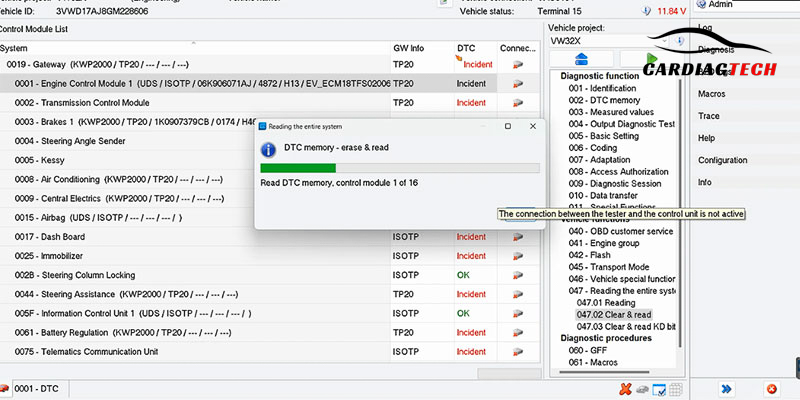 Use the Clear DTC Memory (47.02) function