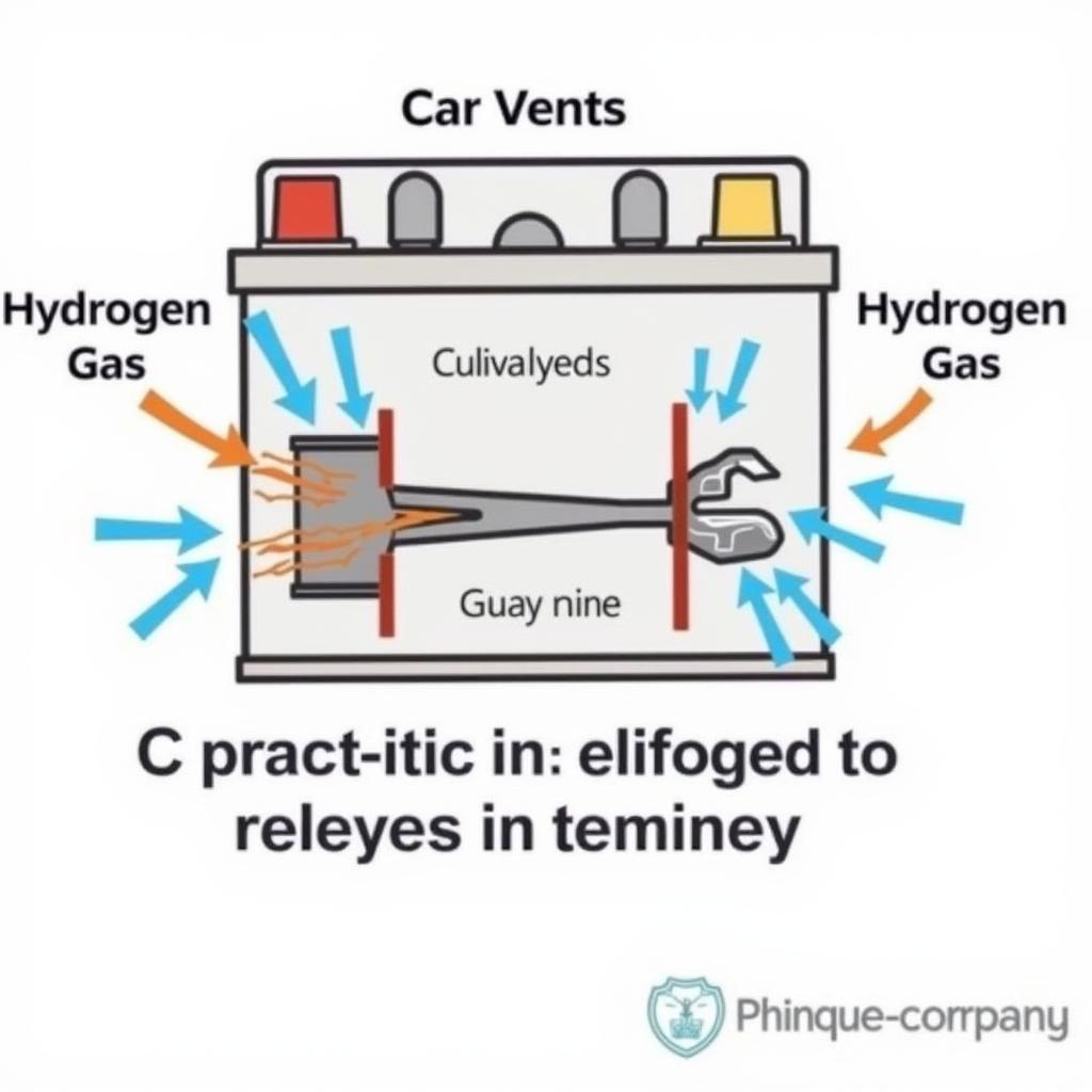 Diagram illustrating hydrogen gas leaking from a car battery