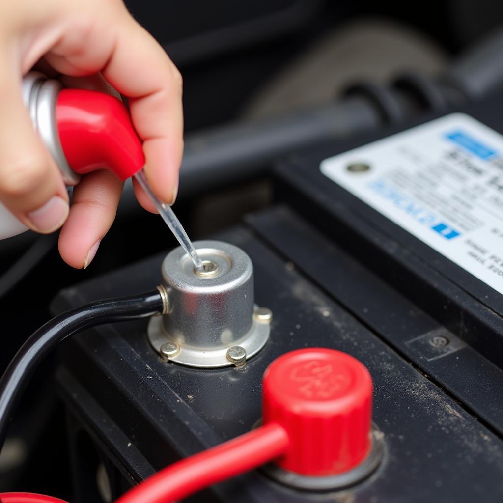 Applying dielectric grease to car battery terminals to prevent corrosion.