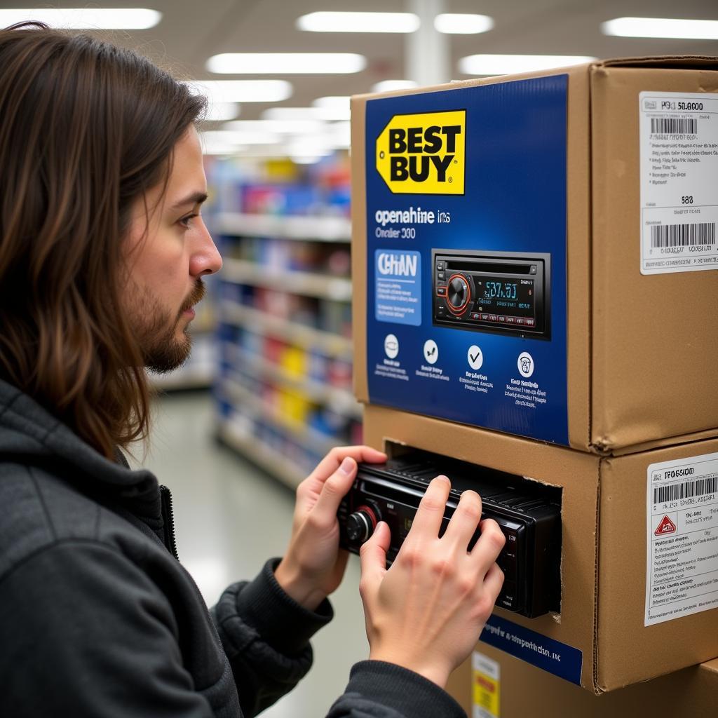 Inspecting an Open Box Car Radio at Best Buy