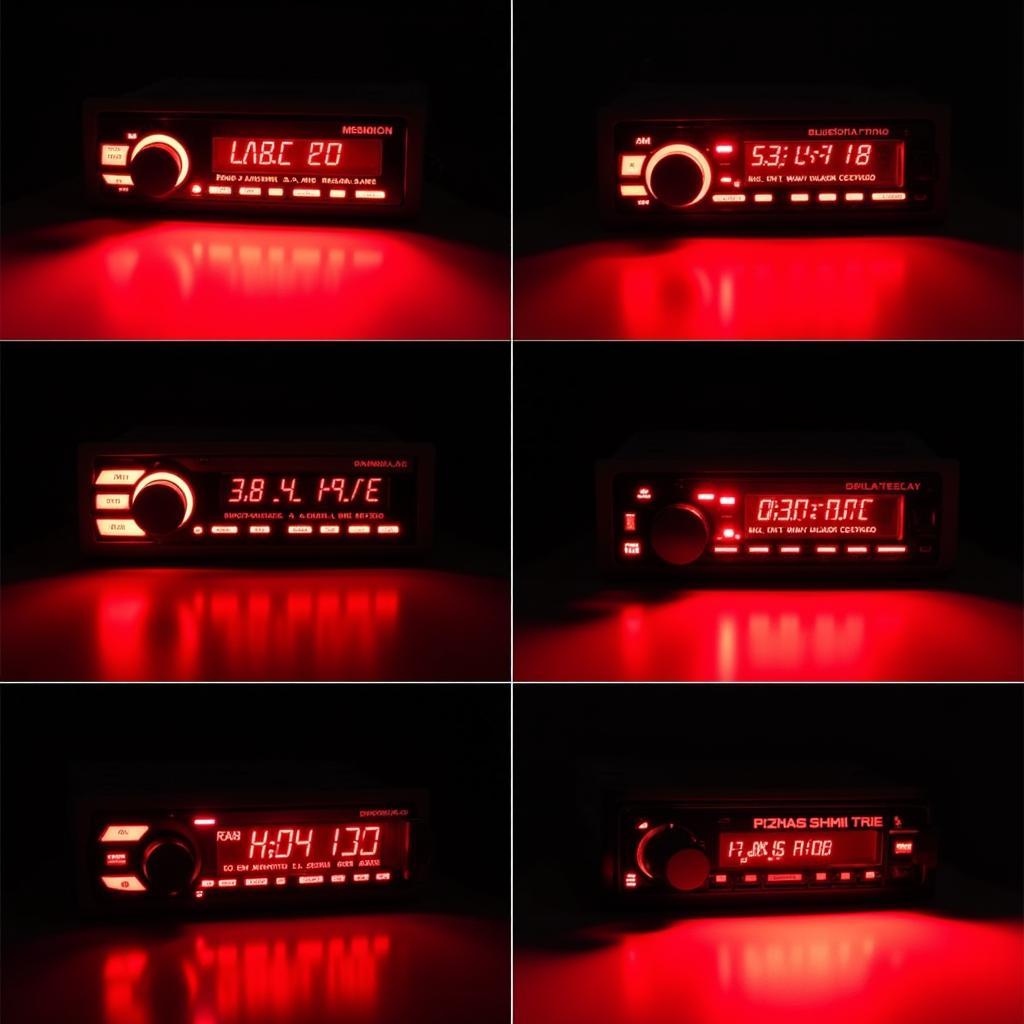 Different shades and intensities of red lighting on car radios