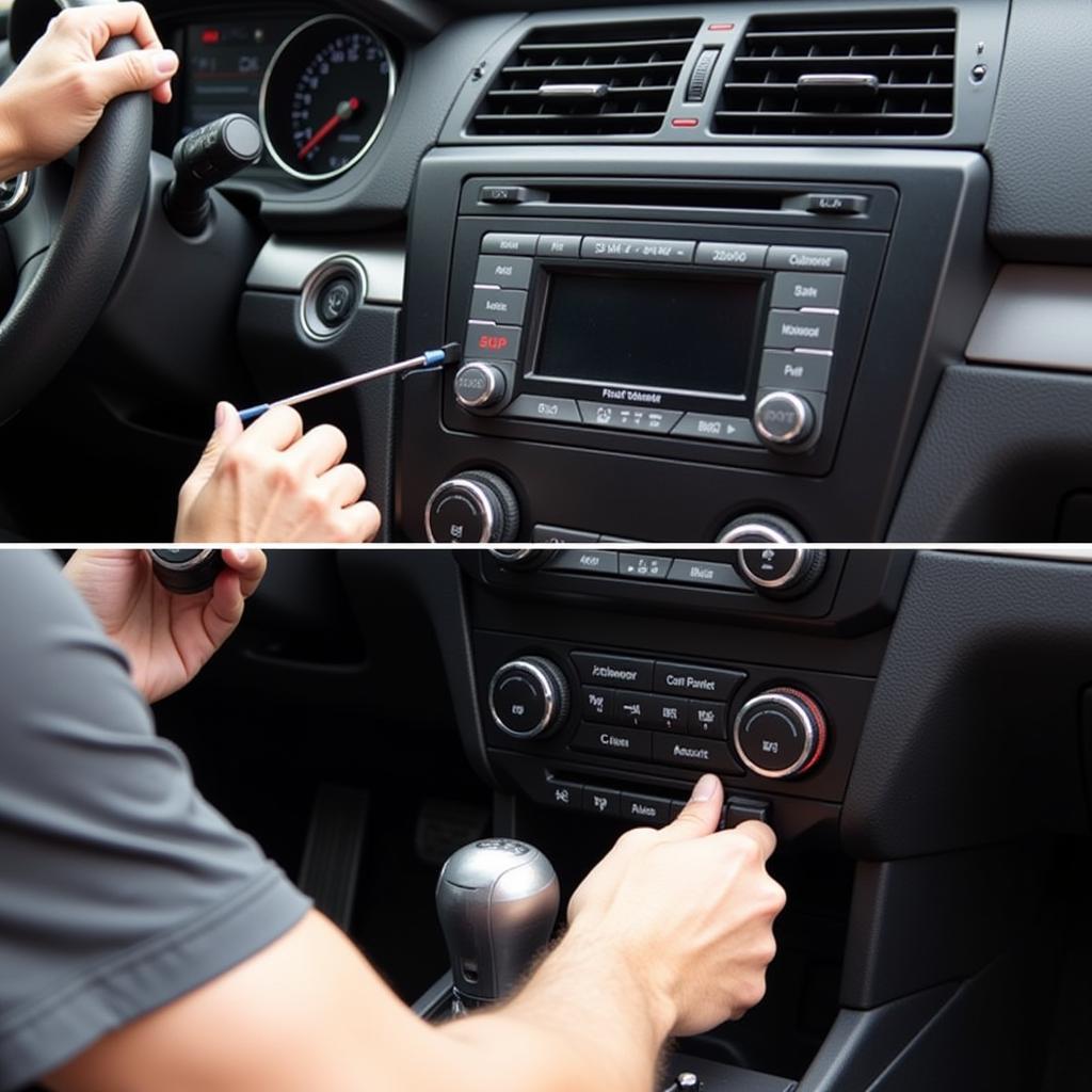 Bluetooth Receiver Installation in Car: A technician installs a Bluetooth receiver in a car's dashboard to enhance audio connectivity and quality.