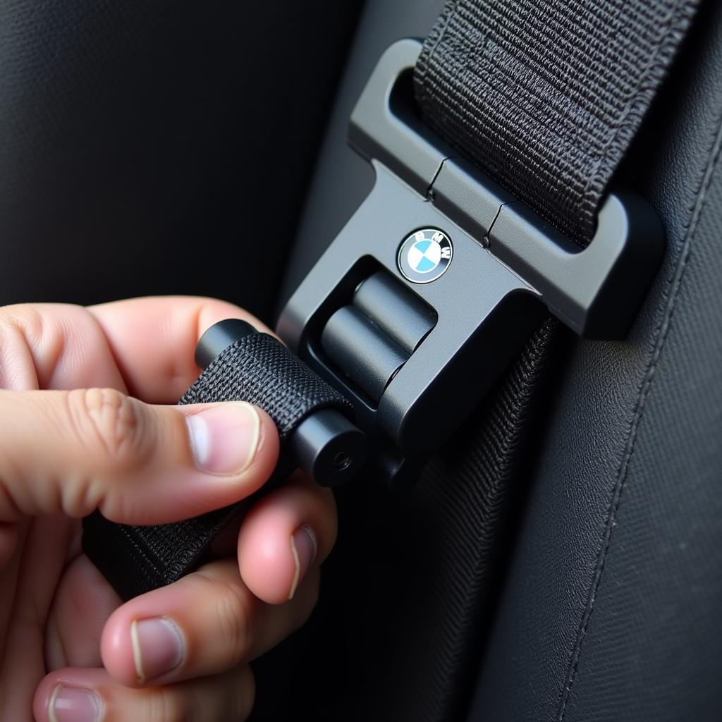 Close-up of BMW Seat Belt Buckle Inspection