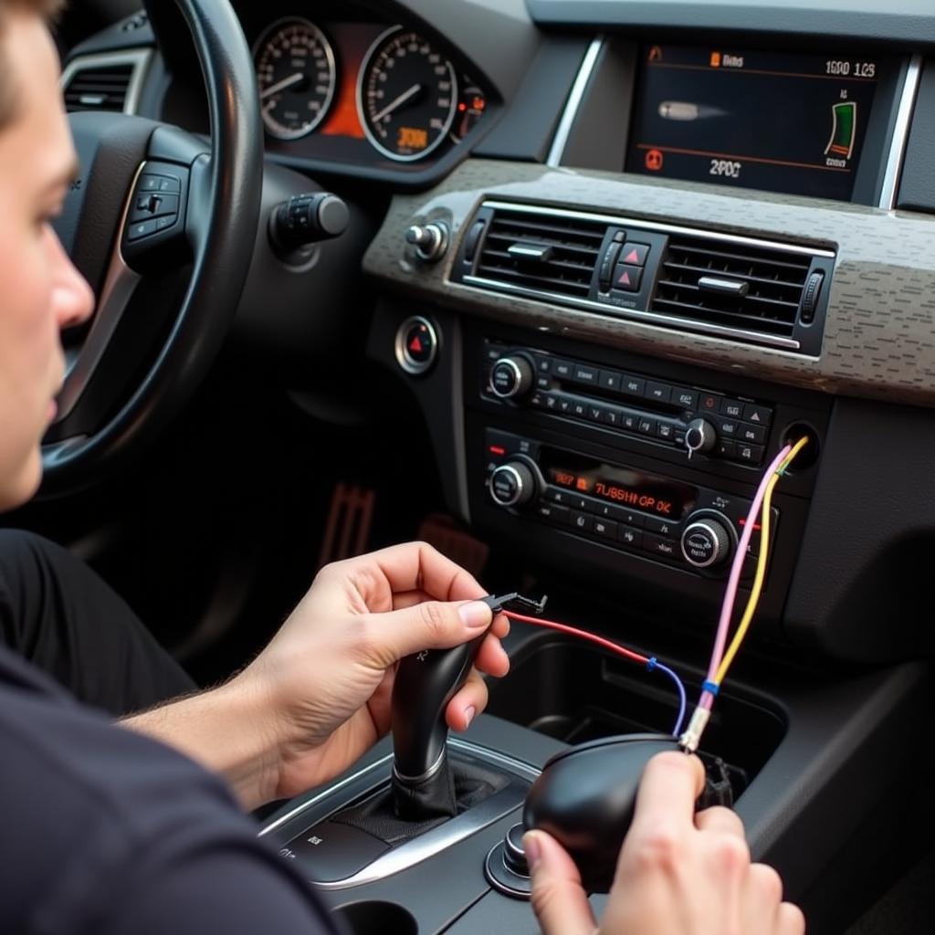 Inspecting the wiring harness in a BMW X6 for audio system issues.