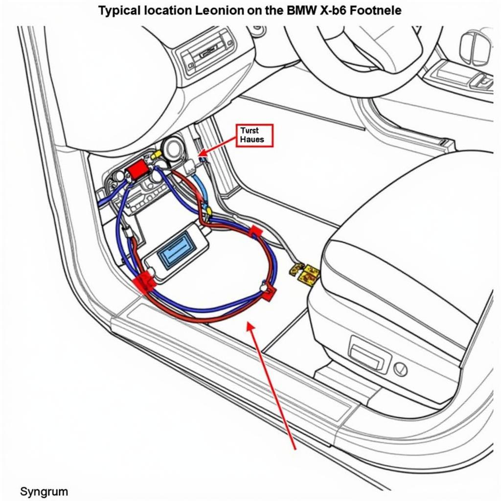 BMW X6 FRM Module Location - Diagram showing the typical location of the FRM module within the BMW X6's footwell area.