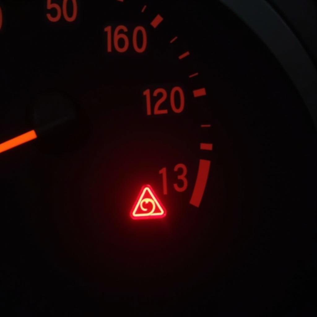 Brake warning light illuminated on car dashboard