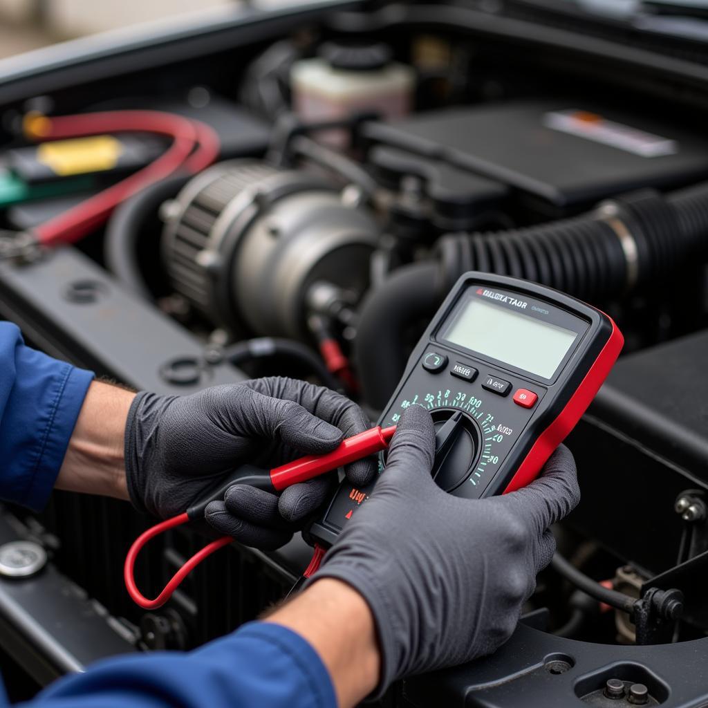 Car AC Draining Battery: A mechanic inspecting a car's AC system and battery.