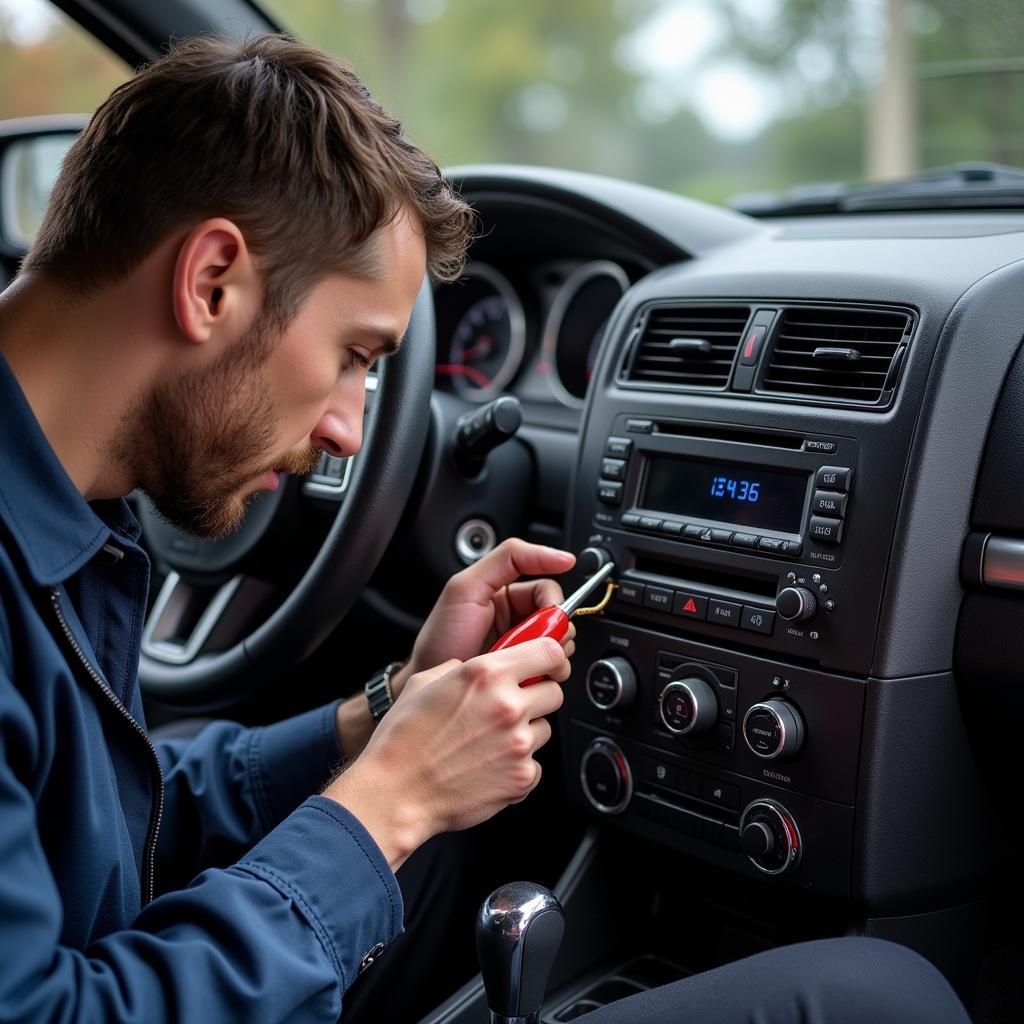 Car Audio Technician Working on a Dodge Radio